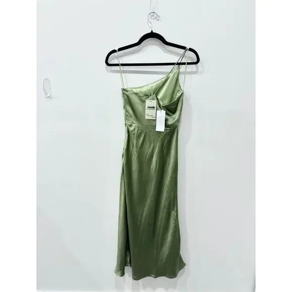 NWT Billy J Kimbra Satin One Shoulder Bridesmaid Midi Dress Olive Women's  Size 2